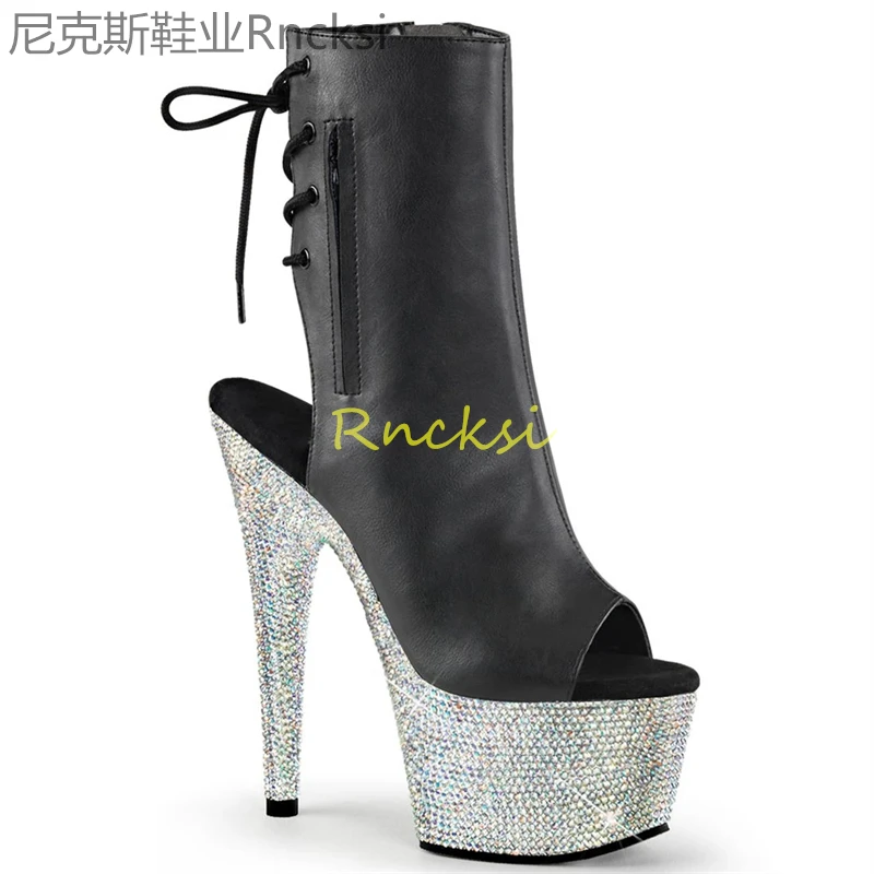 

17cm High-heeled boots waterproof platform stiletto boots rhinestone soles ultra-high heels new booties women's low boots