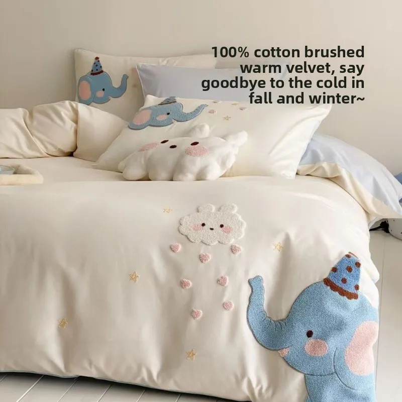 Class A Winter Cotton Abraded Bedding Four-piece Set Cartoon Children's Bedroom Thickened Quilt Cover Bed Sheet Bedding Set