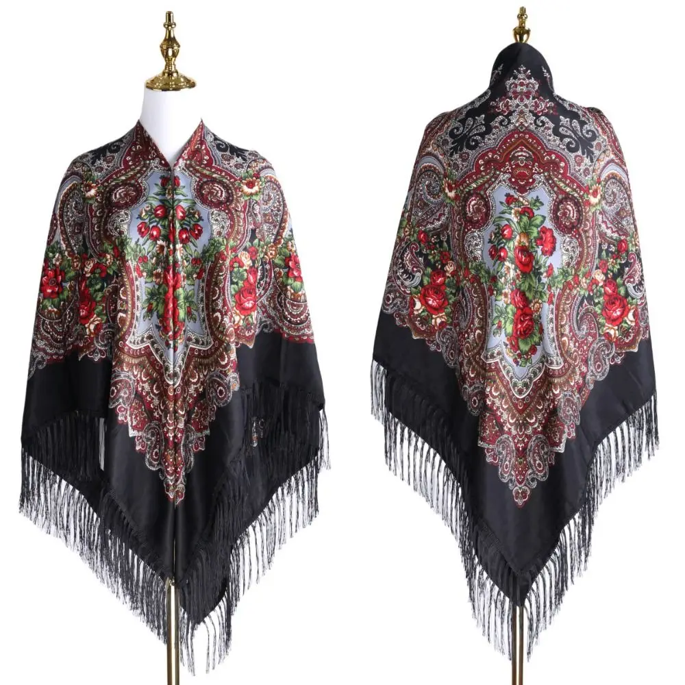 Vintage Style 160x160cm Square Scarf Floral Print Extra Large Shawl Wrap Tassel Cotton Bandana Scarf Travel Use