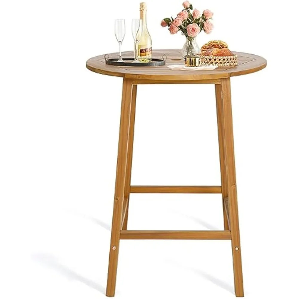 

31.5” Round Bar Table, Bar Height Table with Umbrella Hole & Slatted Tabletop, Acacia Wood Patio Bistro Table, Side Table for I