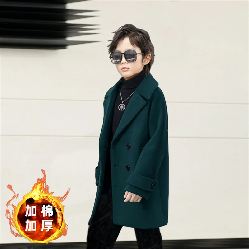 Boys Woolen Coat Overcoat Jacket Windbreak 2024 Black Warm Plus Thicken Autumn Winter Cotton School Children's Clothing