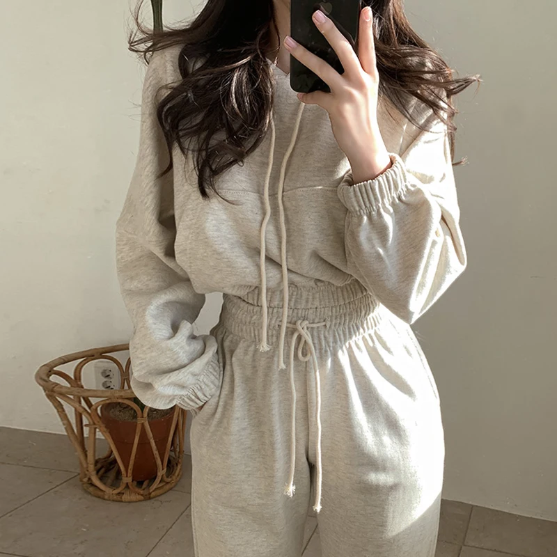 

Chic ort Sve Long Hoodie Sweatirt High Waist Dstring Trousers Sportswear Set for Young Women Cotton Blend Fabric