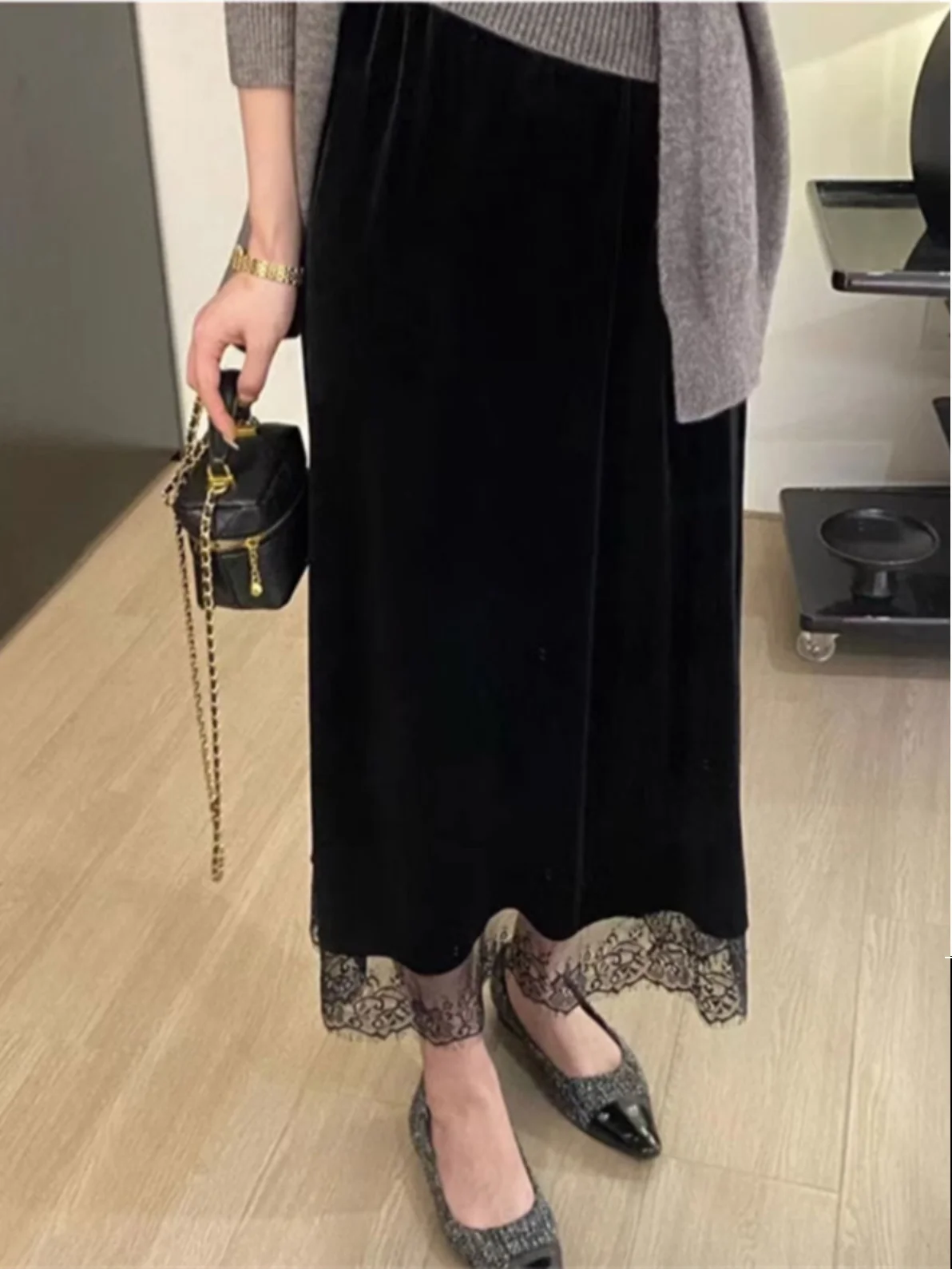 

Высококачественная японская юбка трапециевидной формы, женская эластичная талия, кружевные лоскутные бархатные юбки, повседневные художественные юбки