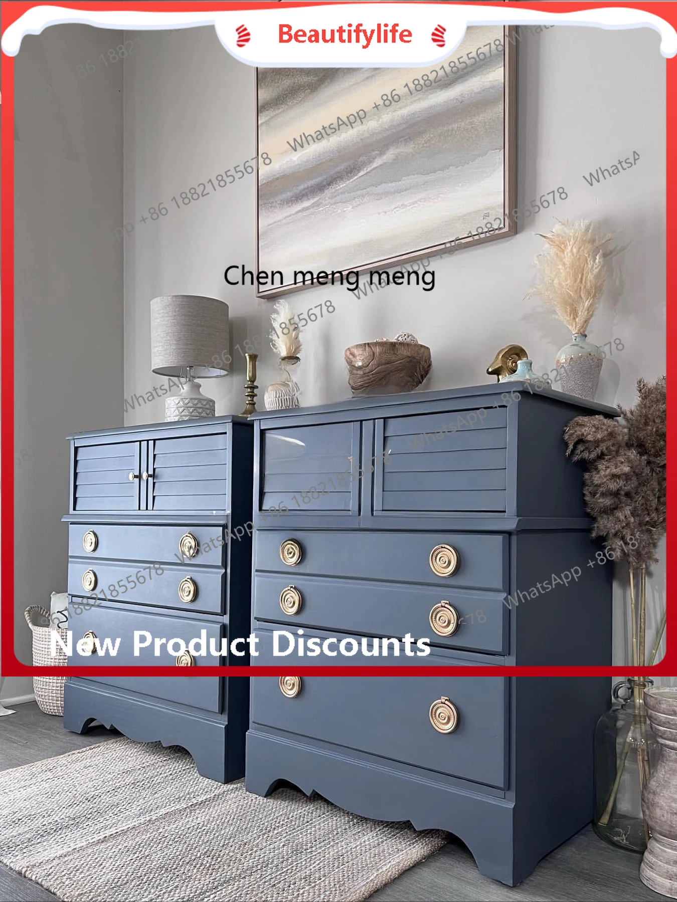 

French solid wood bedside table American home bedroom storage living room wall blue storage cabinet H