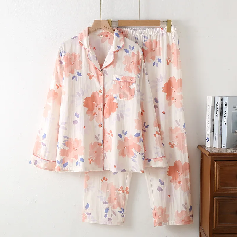 

Женская хлопково-марлевая рубашка с цветочным принтом в национальном стиле, брюки, пижамный комплект, домашняя одежда