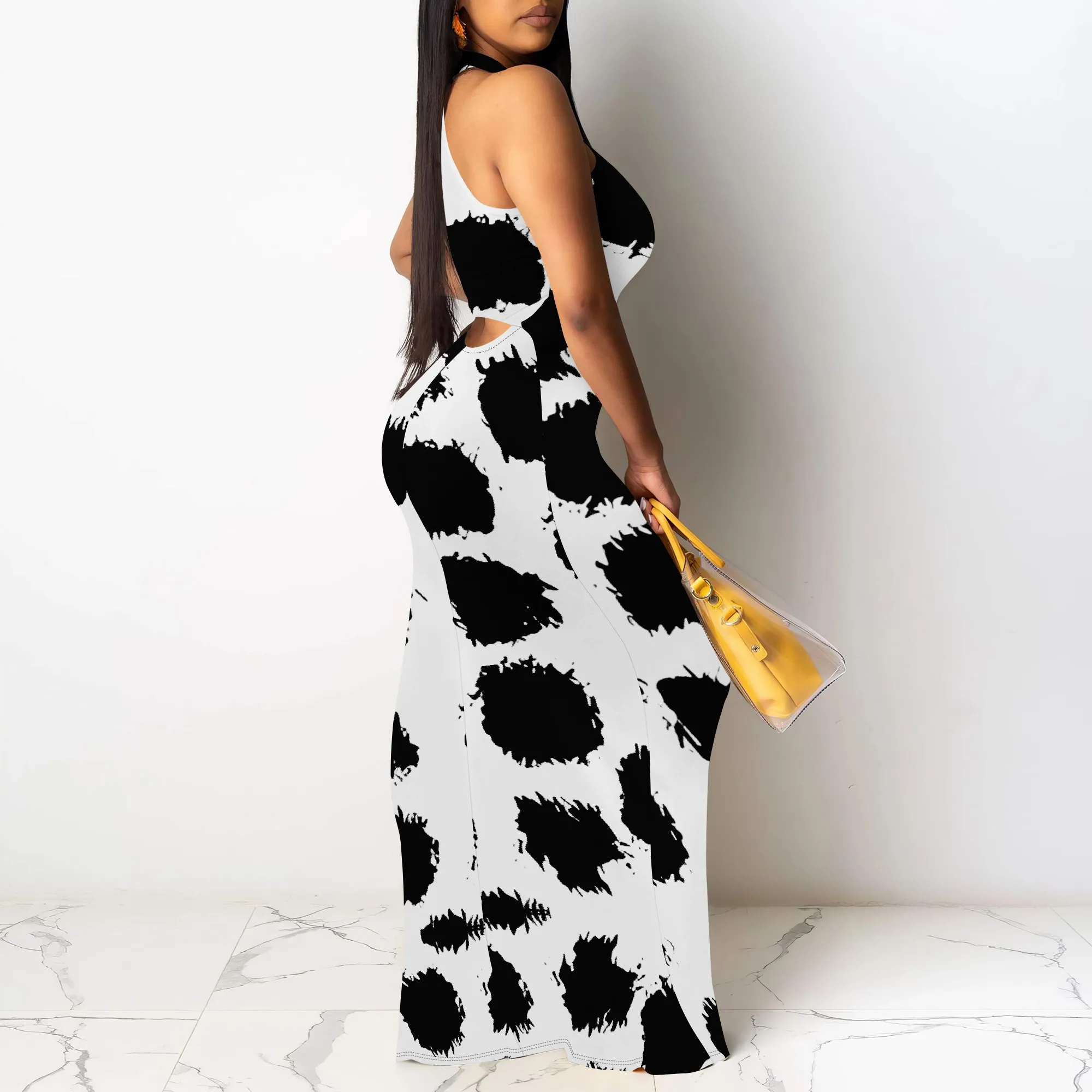 Abito senza maniche alla moda con scollo all'americana per donna Abito lungo aderente con stampa astratta bianca nera