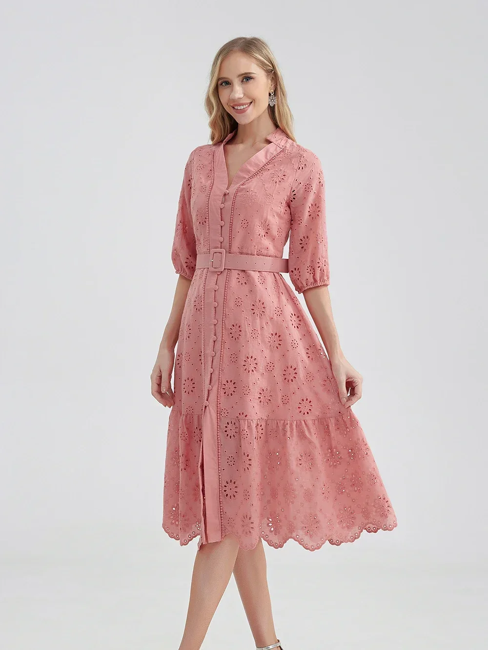 Marwin-Robe d'été en coton amissié pour femme, tenue décontractée, taille haute, à volants, mini col en v, coupe trapèze