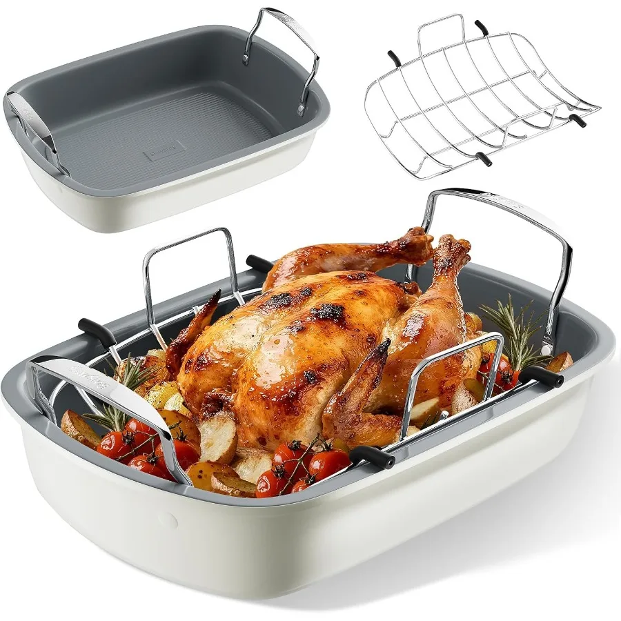 

Жаровня 17 x 13-дюймовая жаровня со съемной стойкой Сковорода с антипригарным покрытием для жарки мяса и овощей индейки бежевого цвета