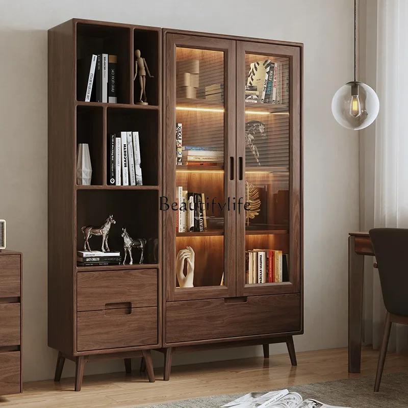 

yj5 Black walnut combination bookcase All solid wood Modern simple display bookcase Glass door Locker