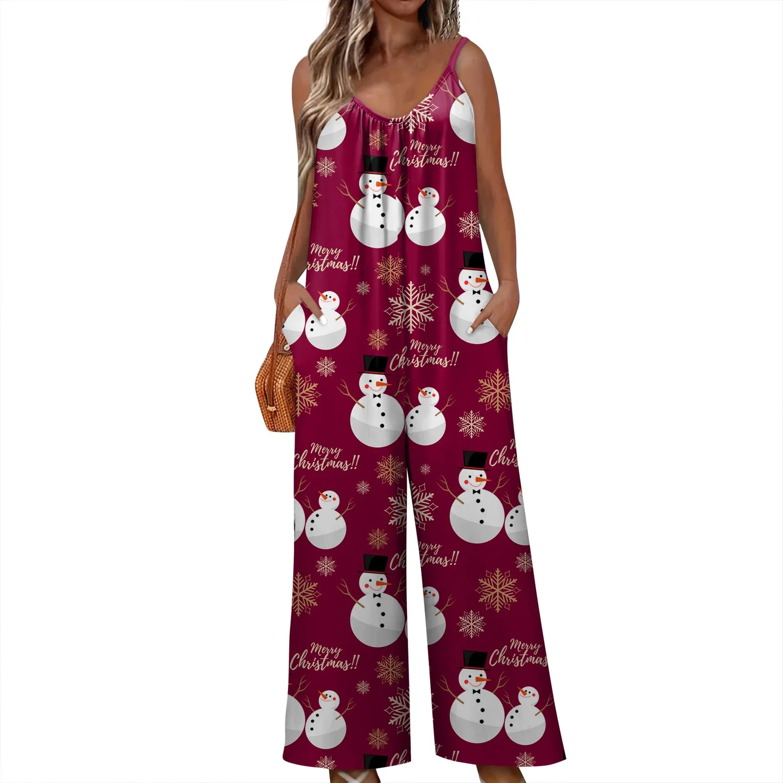 S-3xl Sleeveless Jumpsuit For Women Christmas Printed Loose  Versatile Sling Rompers Wide Leg Adjustable Suspender Jumpsuit