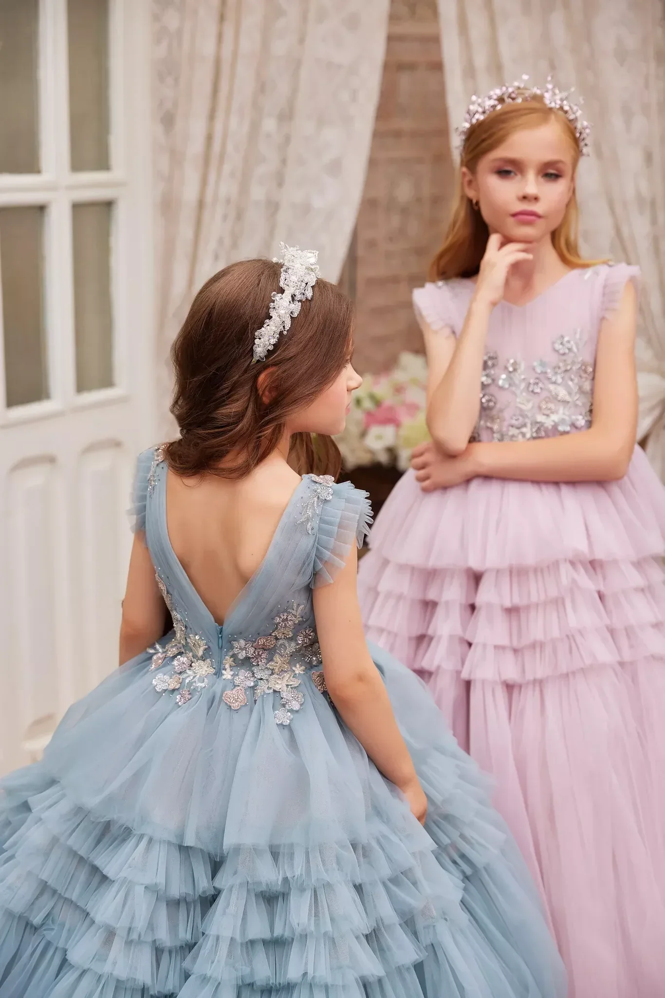 Customised Elegant Layering Flower Girl Dress Pink Tulle Sparkle Applique Wedding Dresses Kids Birthday Party Communion Gowns