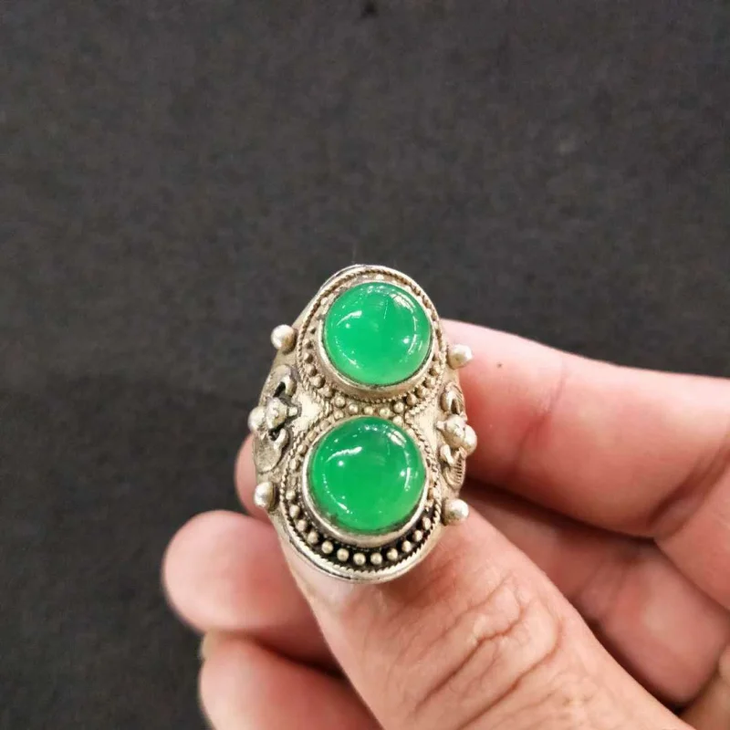 

Wholesale New Vintage Green Jade Ring Tibetan Silver Inlaid Men's Retractable Green Jade Ring