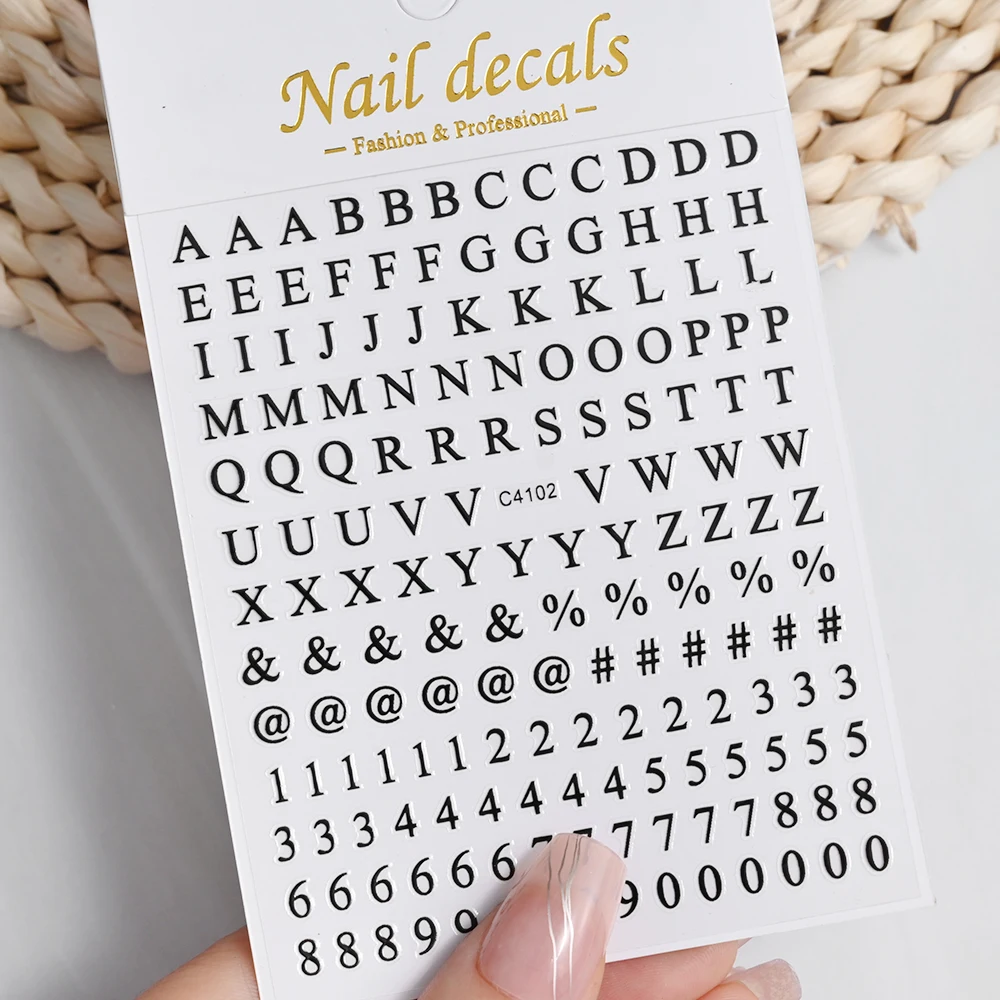 Número preto inglês carta design 3d etiqueta do prego auto adesivo ouro prata decalque diy alfabeto prego slider manicure acessórios