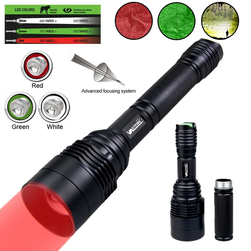 XRE Red Green White Predator Light LED Tactical Flashlight Zoom Focus Adjustable Torch for Hunting Fishing Coyote Hog Varmint