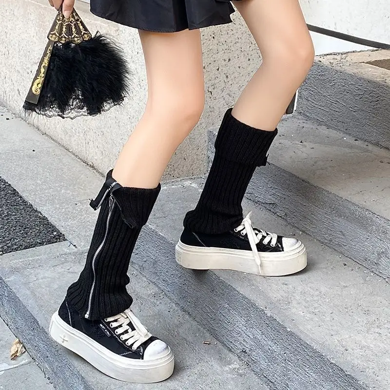 Серые носки с боковой молнией для девочек, осенние и зимние студенческие стильные простые и универсальные трендовые носки для сохранения тепла