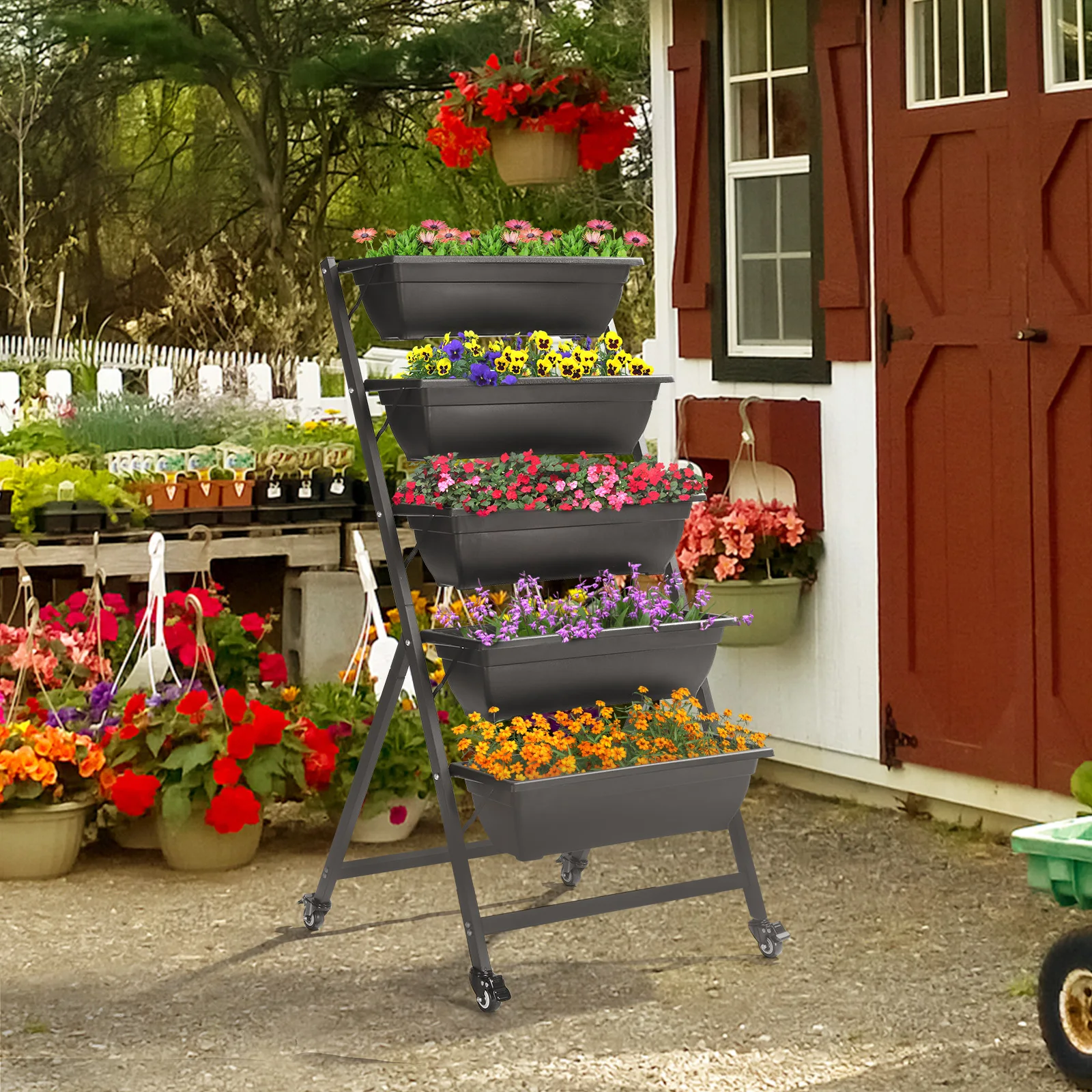 65*60*130cm 5-layer black PE planter with wheels