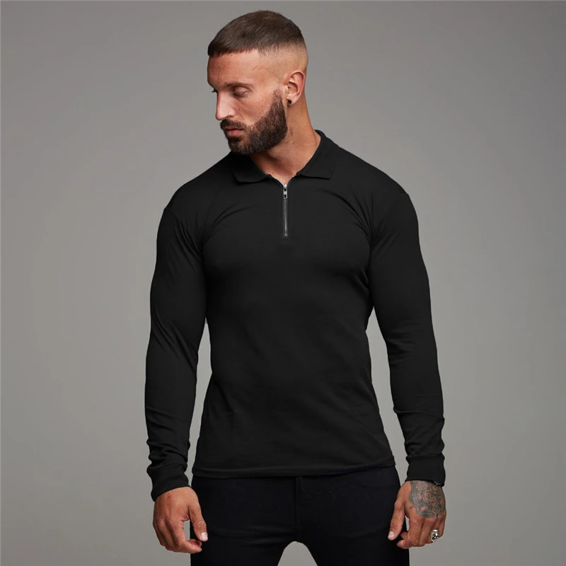 Autumn Winter Fashion Zip Collar Long Sleeved Workout Muscle Polo Shirt Gym Fitness Training Men Slim Fit Breathable Cotton Tops