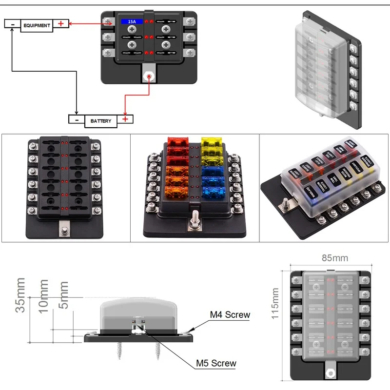 12/10/8/6 Ways Car Blade Holder Fuse Box Modified Terminal Block Fuse with LED Warning Light for Car Boat Marine Trike 12V 24V