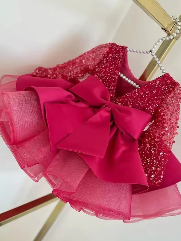 Luksusowa sukienka dla dziewczynki z kwiatami Fuscia Puff Girls Party Sukienki na wesele Bufiaste rękawy Tiulowa dziecięca świąteczna sukienka ceremonialna