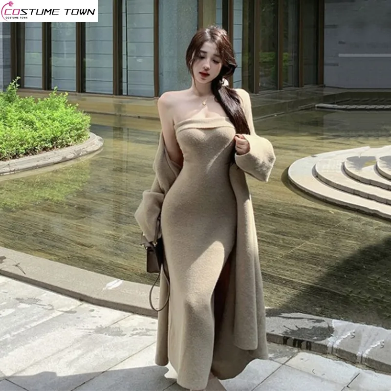 

Autumn and winter women's new pure desire style long sweater jacket+slim knit strapless skirt two-piece set