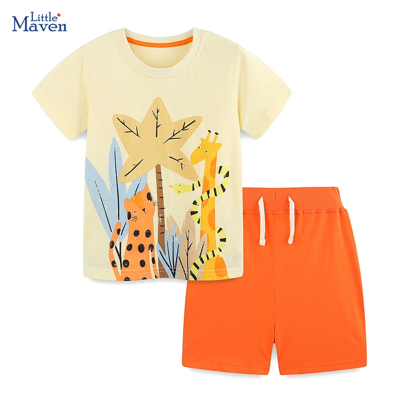 Little maven 2025 Summer Tracksuit Children's Clothing Cartoon Boys Sets Animals Cotton T Shirts +Pants Kids Clothes Sports Suit