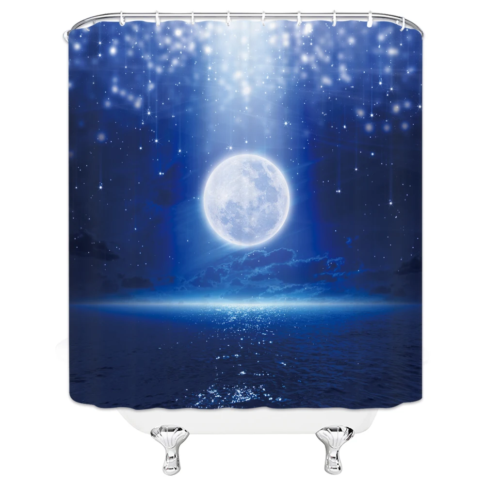 

Moon Blue Starry Night View Shower Curtain Navy Blue Space Planet Natural View Waterproof Fabric Bath Curtains with Hooks Decor