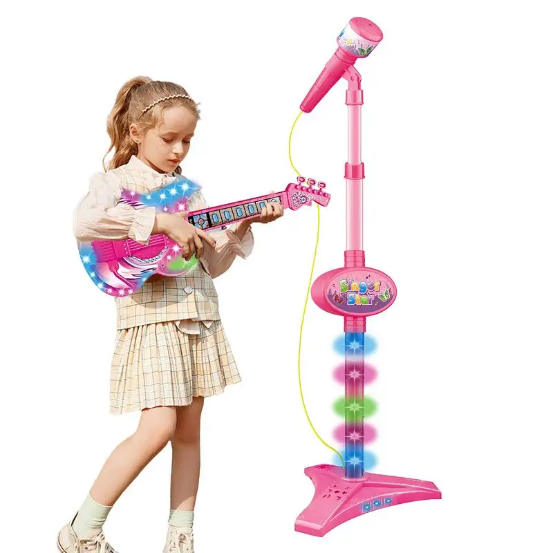 Kids Guitar and Microphone Set Musical Guitar Toy Guitar Toys With Music And Colorful Light Microphone With Adjustable Height