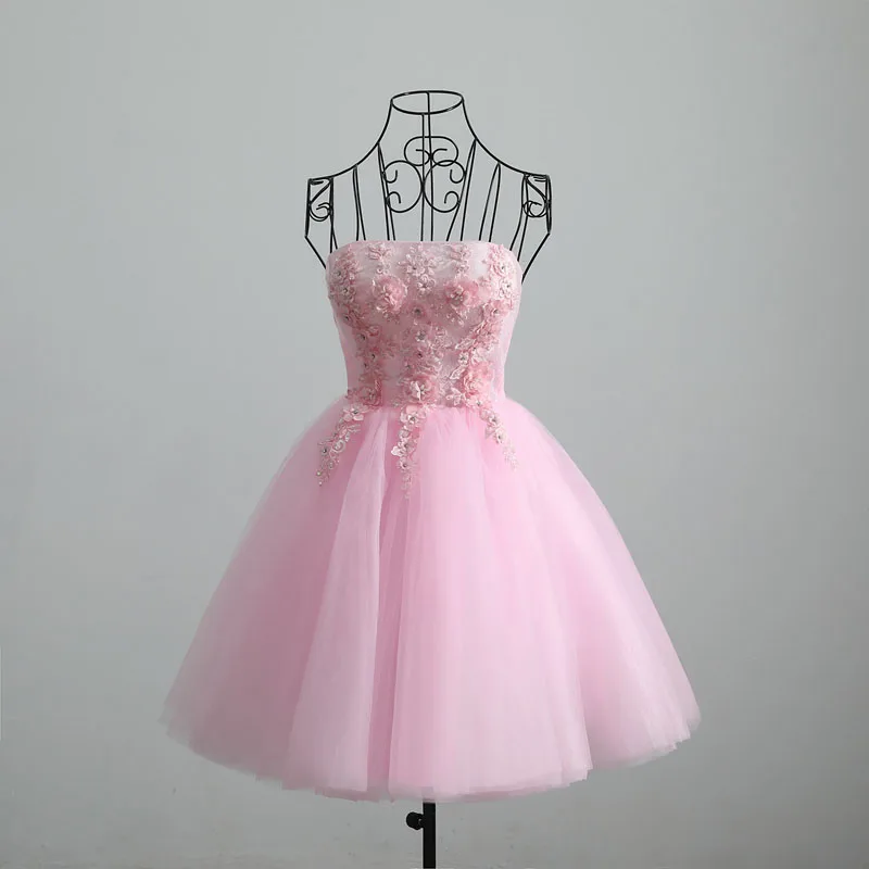 

Pink Floral Print Prom Dress Elegant Strapless Empire Sleeveless Above Knee Pleat Ball Gown New For Women Party Prom Gown B1662