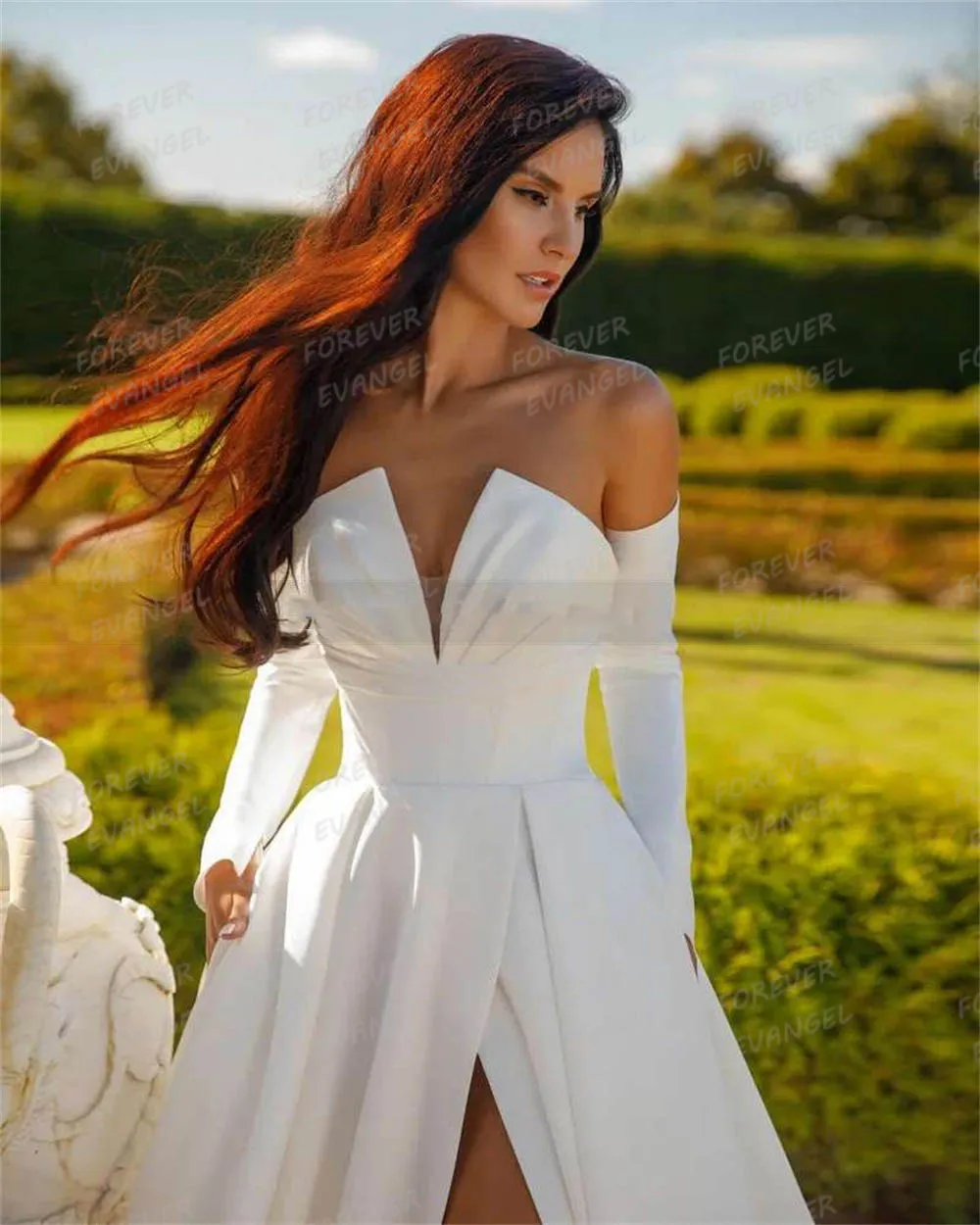 Robes de mariée de luxe A-Line Off Initiated pour femmes, robe de mariée formelle à manches longues, sexy, haute fente, quelle que soit la robe personnalisée