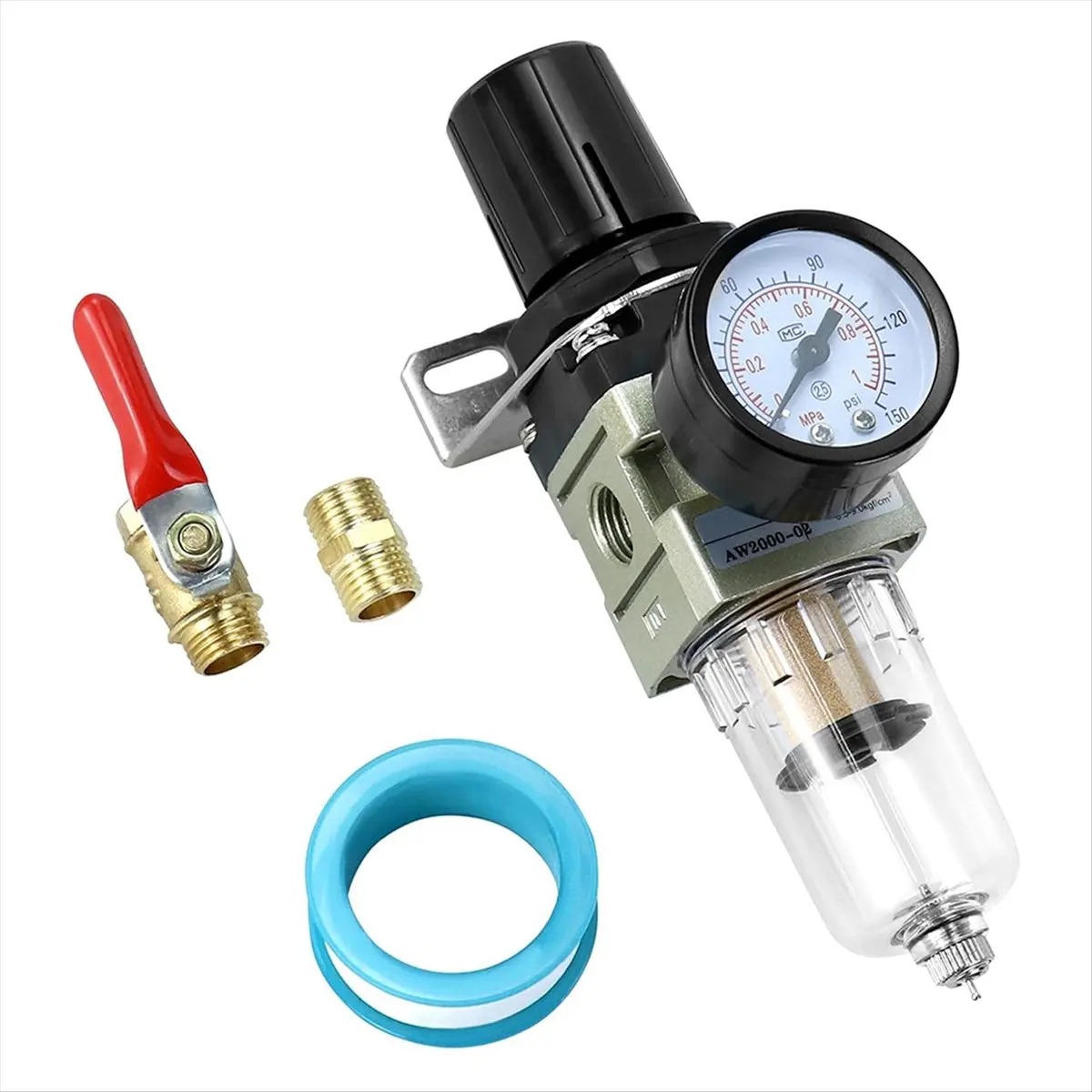 【Measuring】 1/4 Inch Air Compressor Filter Regulator Combo AW2000-02 - Brass Elements, 150 PSI Max Pressure, Compact Design