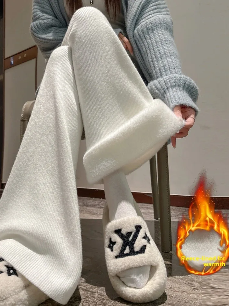 Oaeal Gebreide Fce Gevoerde Casual Rechte Pijpen Hoge Taille Broek Dames Faion 2025 Nieuwe Herfst Winter Thi Wijde Pijpen Broek