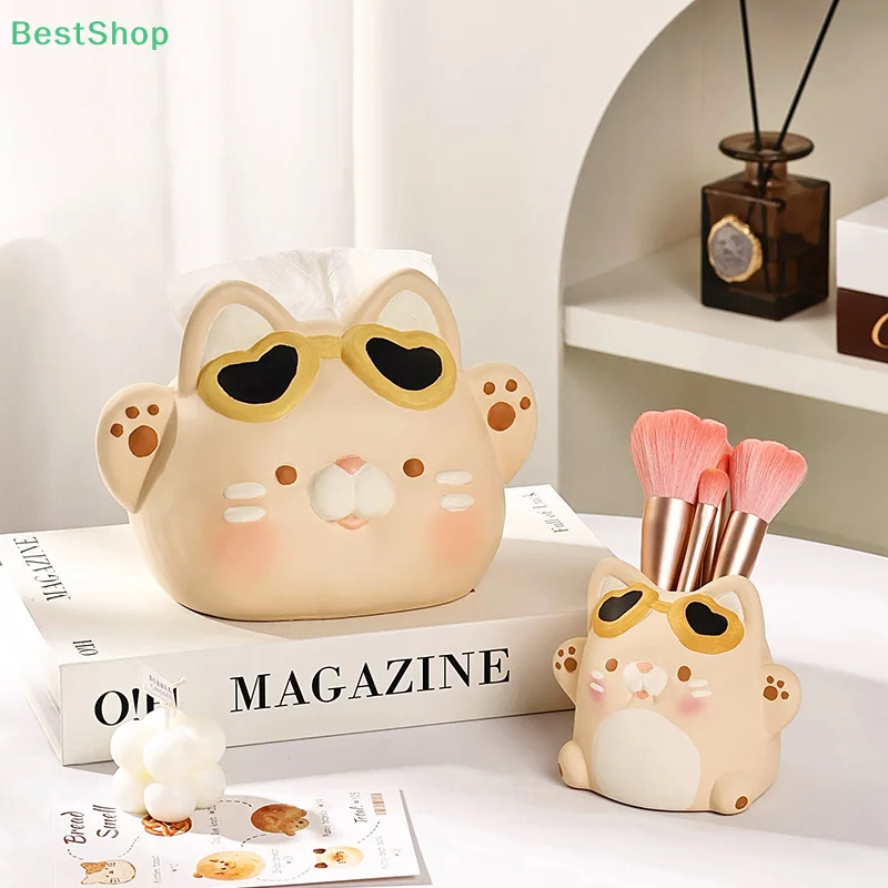 

Cute Cat Pen Holder Ornaments Office Desktop Decorations Student Makeup Brush Storage Birthday Gift For Girls