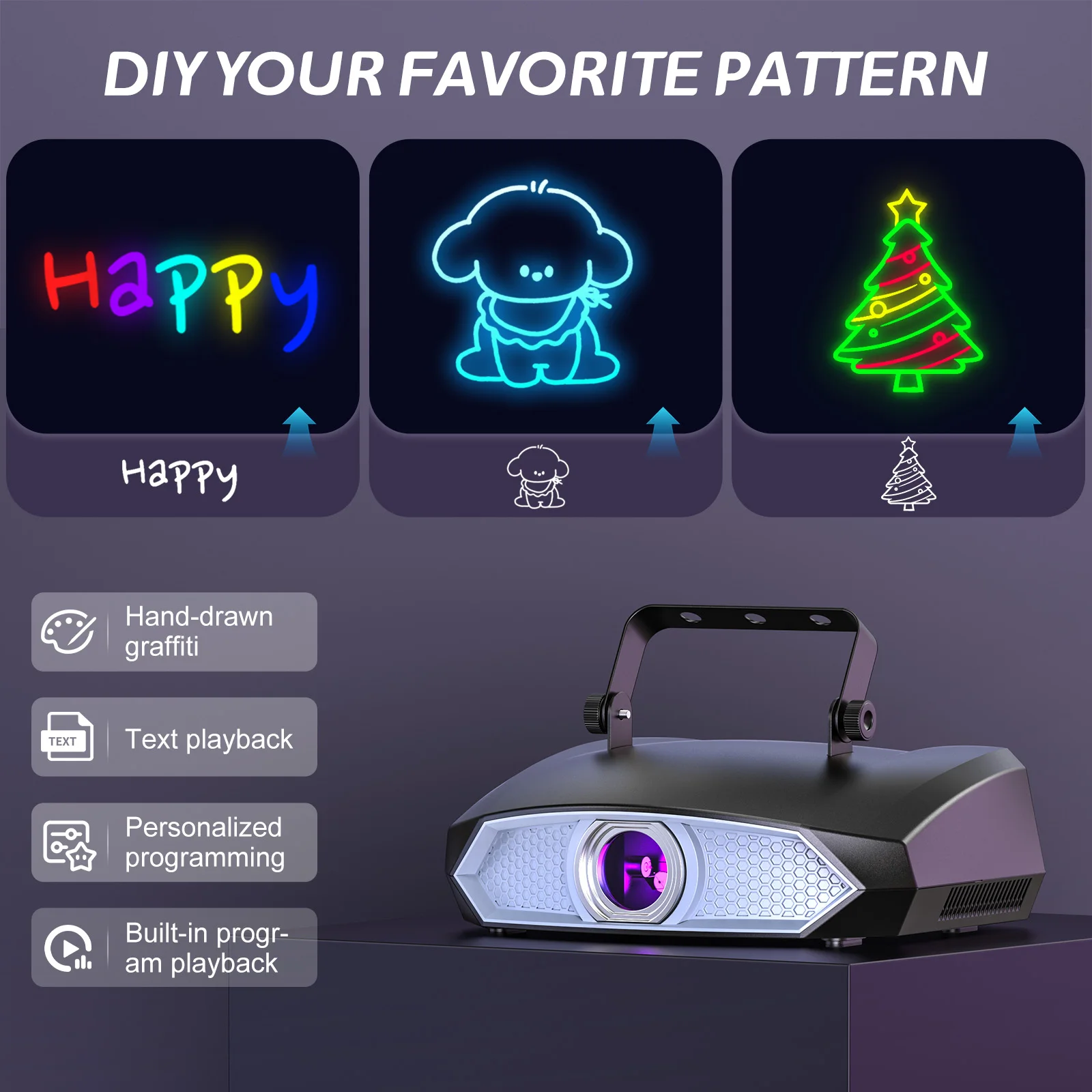 U'King 2W الرسوم المتحركة DJ ضوء الليزر DMX APP التحكم كامل اللون RGB DJ ضوء ثلاثية الأبعاد الرسوم المتحركة جهاز عرض ليزر لعيد الميلاد عيد الهالوين