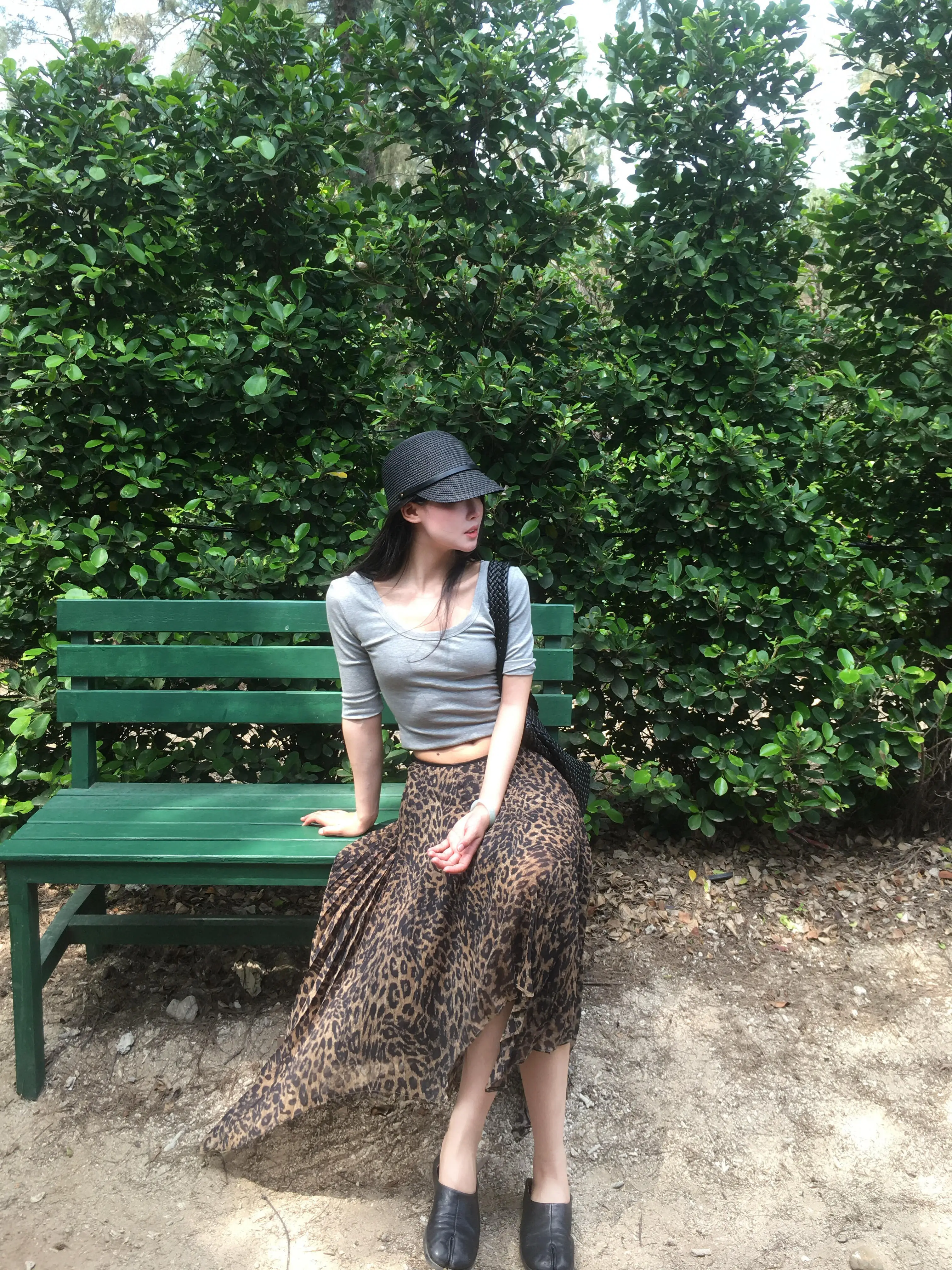 American Retro Half-length Leopard Print Skirt Women's Spring Autumn Low-waist Slimming Pleated Midi Skirt Casual Style