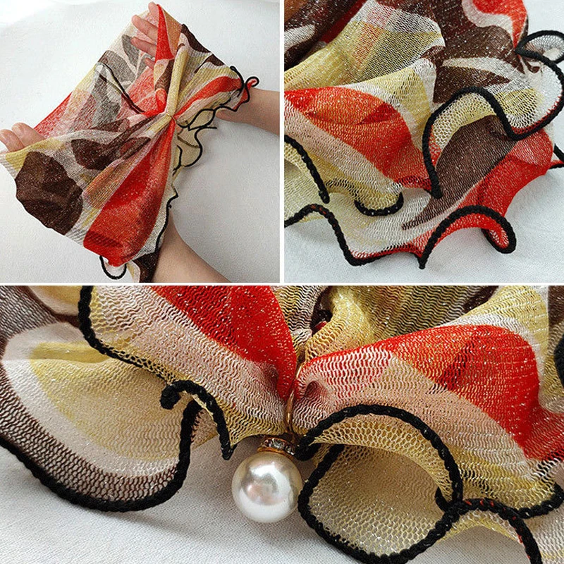 Spring Organza Neck Collar Print Shiny Variety Loop Scarf Ruffle Lace Scarf Pearl Pendant Chiffon Scarves Bandana Thin Headband