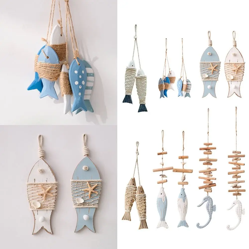Creative Mediterranean Fish Pendant Wood Carving Figurine Ocean Theme Accessories Shell Wall Hanging Decoration Living Room