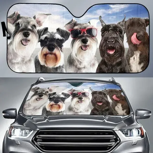 Funny Miniature Schnauzer Team Blue Sky Pattern Car Sunshade, Miniature Schnauzer Car Window Sun Cover for Dog Lover, Car Windsh