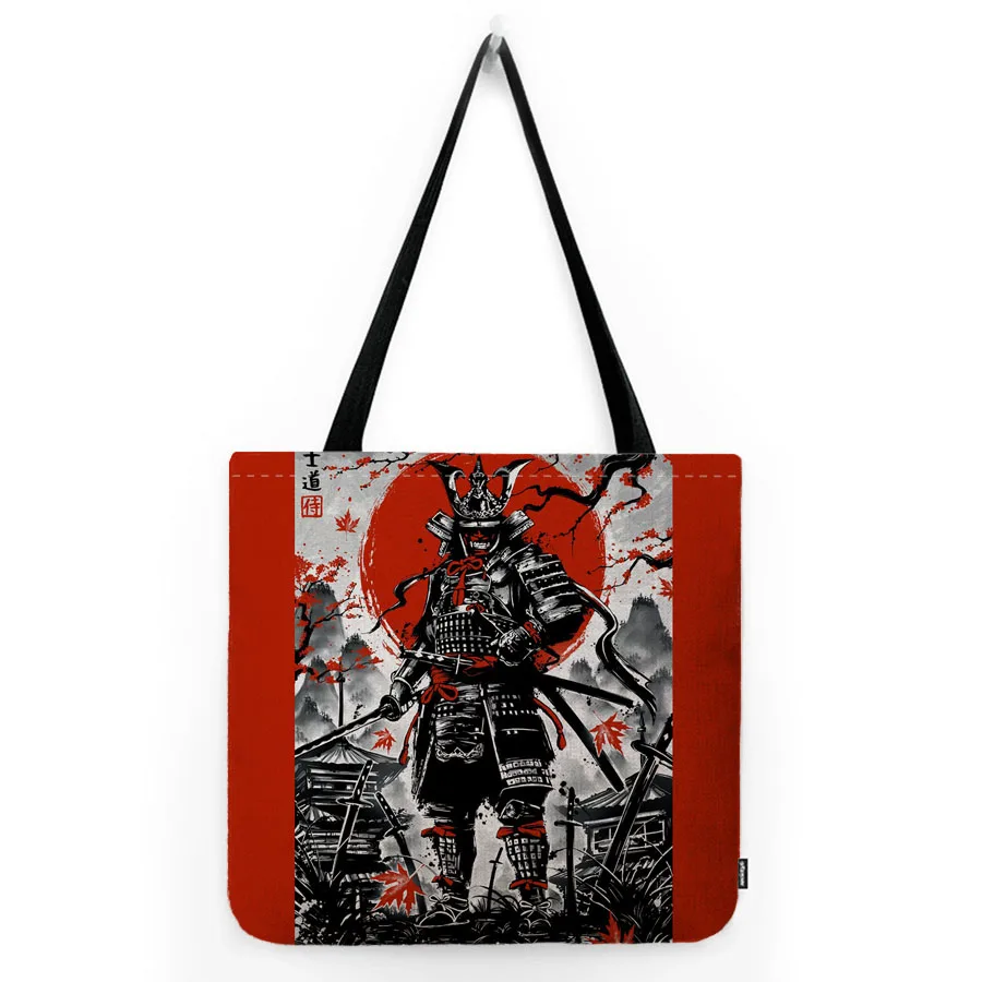 Red Japanese Culture Element Geisha Samurai Judo Spirit Asian Cultural Express Water Resistant Linen Shoulder Bag Book Tote Bag