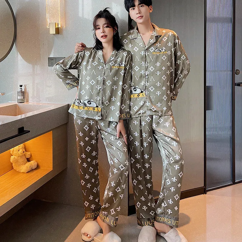 Light luxury Couples Home Furnishing Long sleeved Thin Rayon Open Front Korean Cartoon Home Outerwear Large Size Pajamas