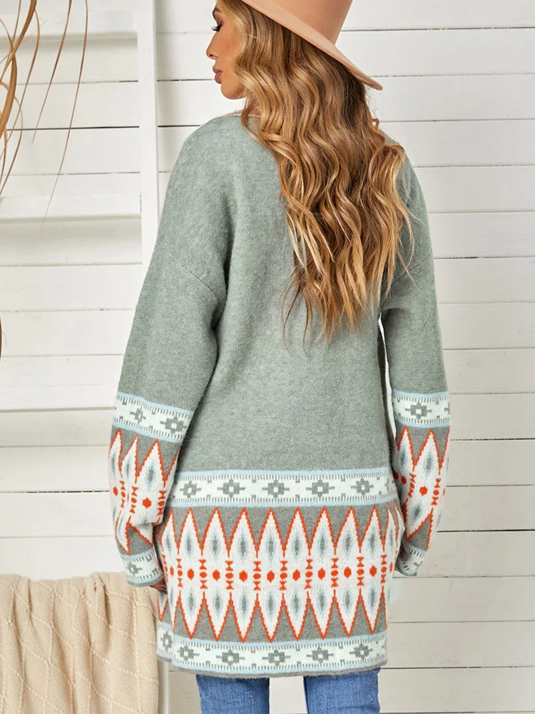 GypsyLady Boho Vintage Knitted Sweater Cardigan Green Open Front Autumn Spring Women Ethnic Style Ladies Long Jumper Sweaters
