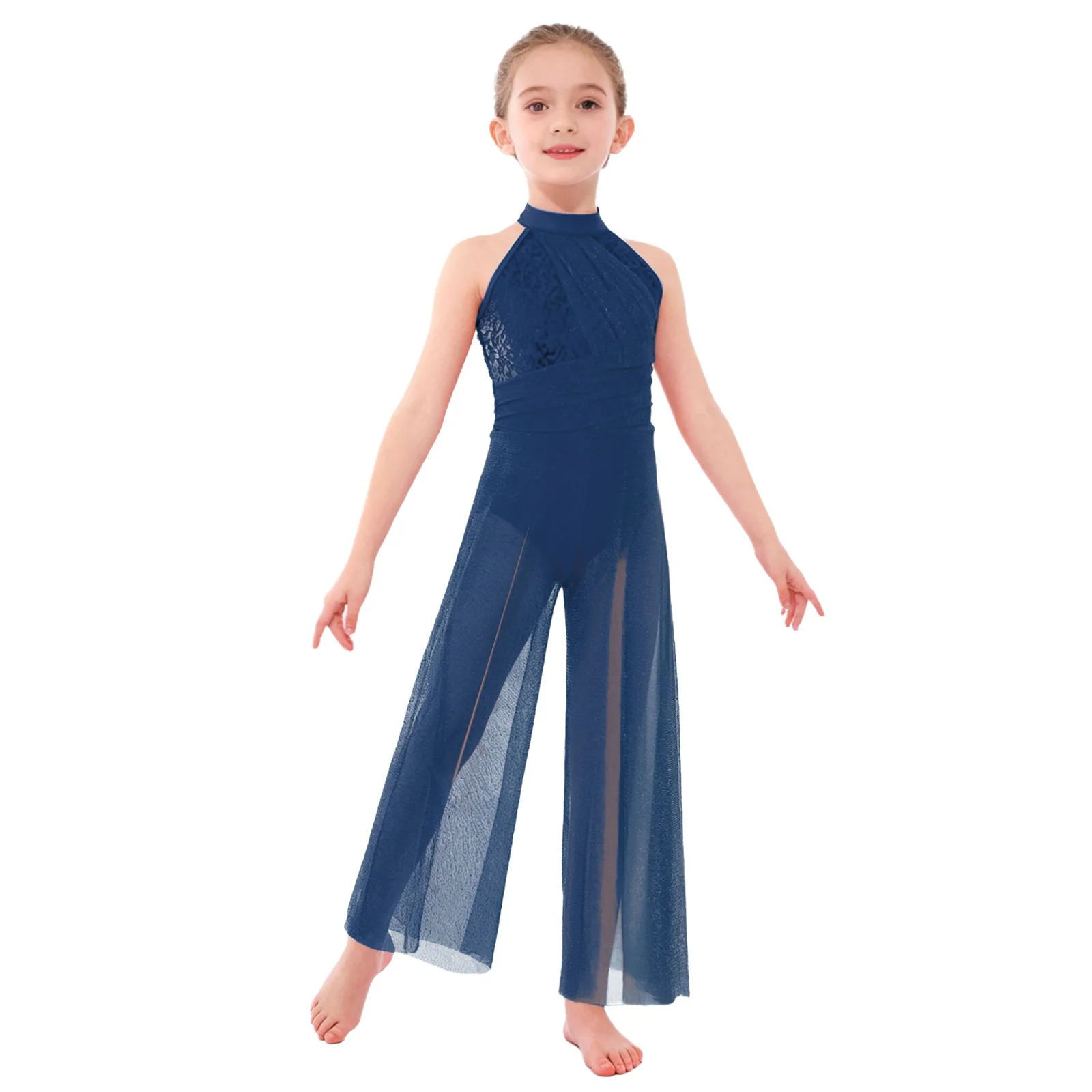 

Kids Girls Lyrical Ballet Dance Jumpsuit Sleeveless Crisscross Strappy Back Shiny Sequins Mesh Split Wide-Leg Bodysuit Dancewear