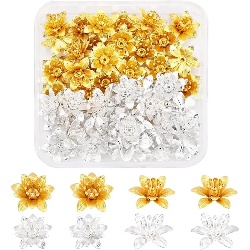 

48 шт., 2 цвета, 3D латунные колпачки для бусин 16x6,5 мм, латунные колпачки для бусин с разноцветными цветами, филигранные бусины-разделители для браслета и ожерелья