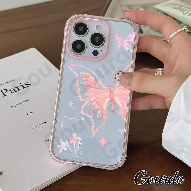 Gourde Custodia per telefono trasparente in acrilico 2 in 1 con motivo a farfalla artistica per iPhone 13 12 14 15 Plus Iphone 16 Pro Max Cover antiurto
