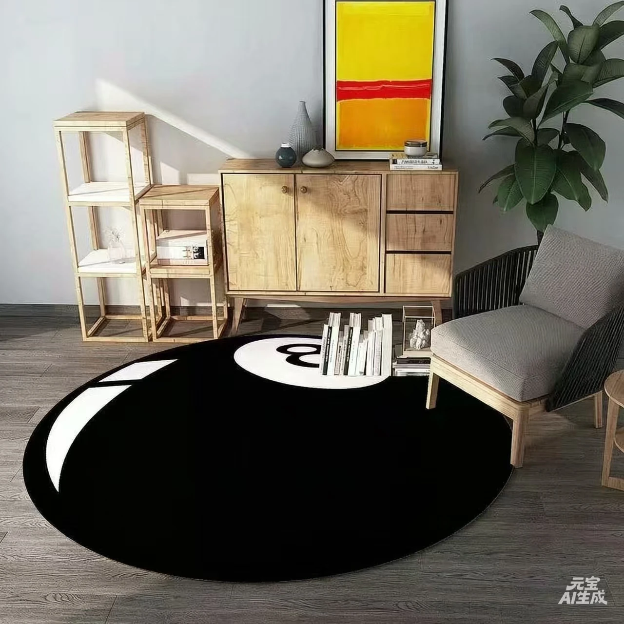 VIKAMA Flannel Round Black 8-digit Patterned Carpet, for Bedroom Side Rug, Living Room Sofa Coffee Table Pad, Home Decoration