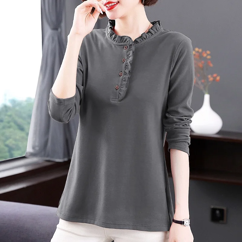 2024 خريف موضة جديدة بلون تي شيرت امرأة س الرقبة طويلة الأكمام تي شيرت المرأة النمط الأوروبي الإناث زر القمصان