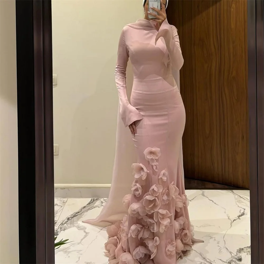كاثي مخصص الوردي الرسن الرقبة حورية البحر فساتين لحضور الحفلات الموسيقية يزين كم طويل vestidos de noiva الطابق طول فستان سهرة 2025