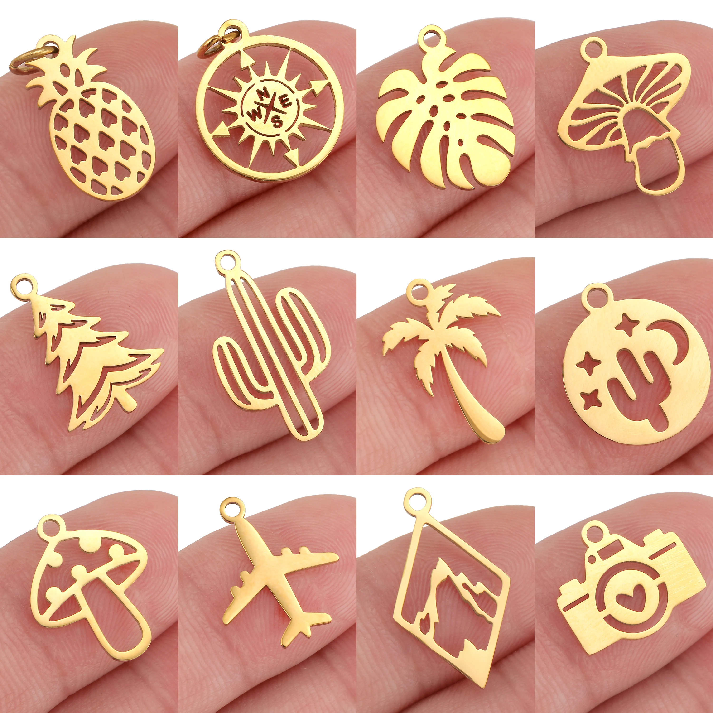 5Pcs Pineapple/Cactus/Mushroom Charms Stainless Steel Natural Forest Outdoor Travel Pendant DIY Bracelet Necklace Jewelry Making