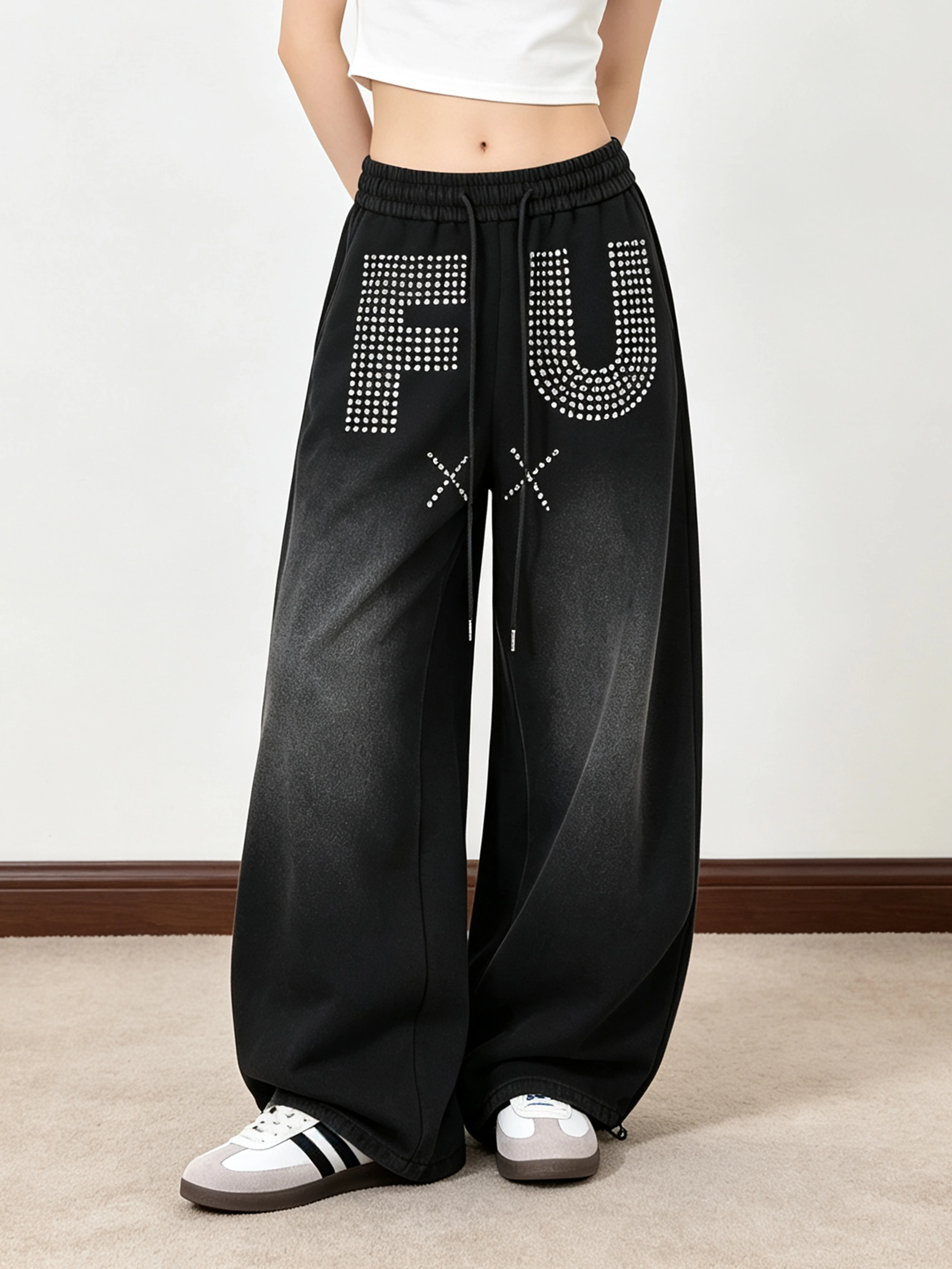 Women's Casual Wide Leg Sweatpants Gradient Color Drawstring Loose Fit Diamond Embellished Two-Way Wear Street Style Trousers