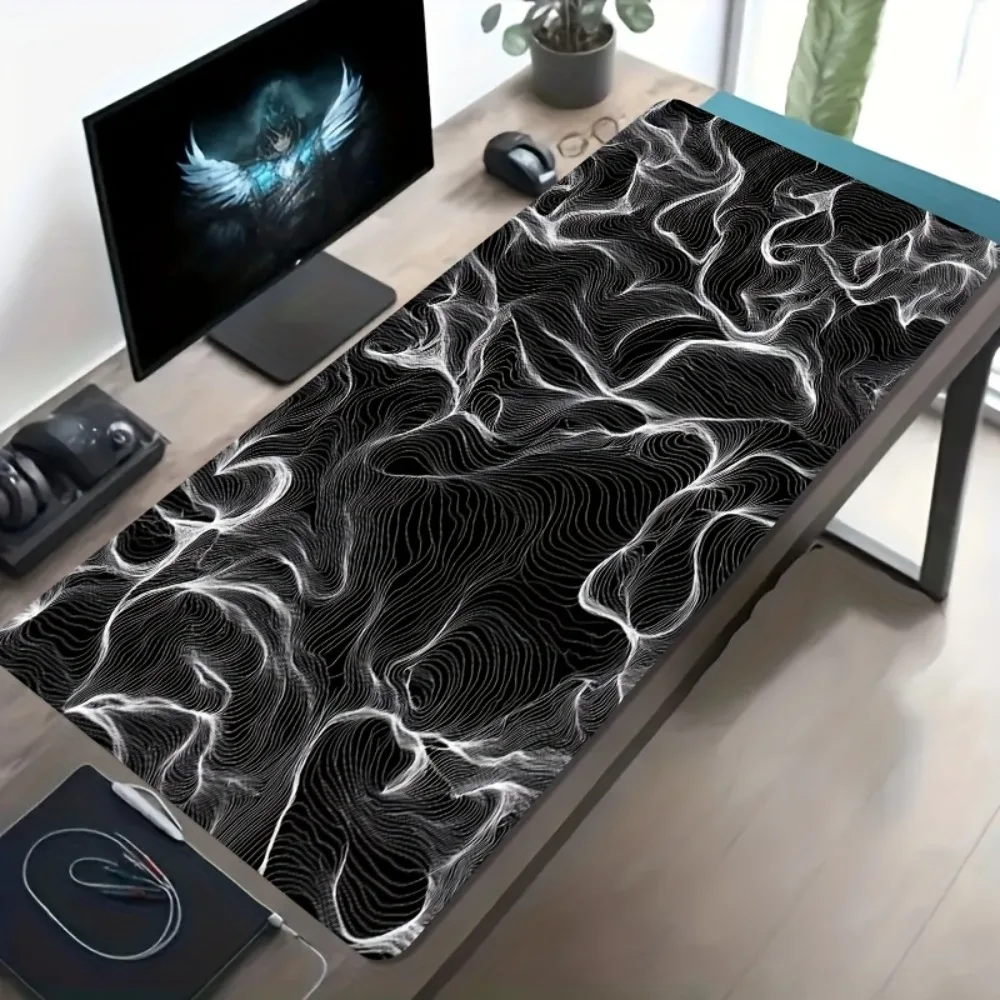 Abstract Wave Line Large Gaming Mouse Pad, Black White Desk Mat, Anti-Slip Keyboard Mat for Gamer Office