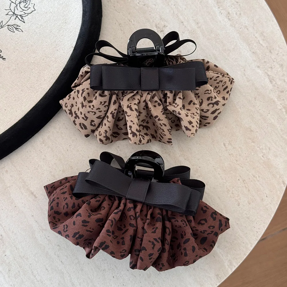 Retro Leopard Print Bow Skirt with Grab Clip for Women Autumn Winter New Style Back Head Ponytail Clip Shark Clip Style Headband